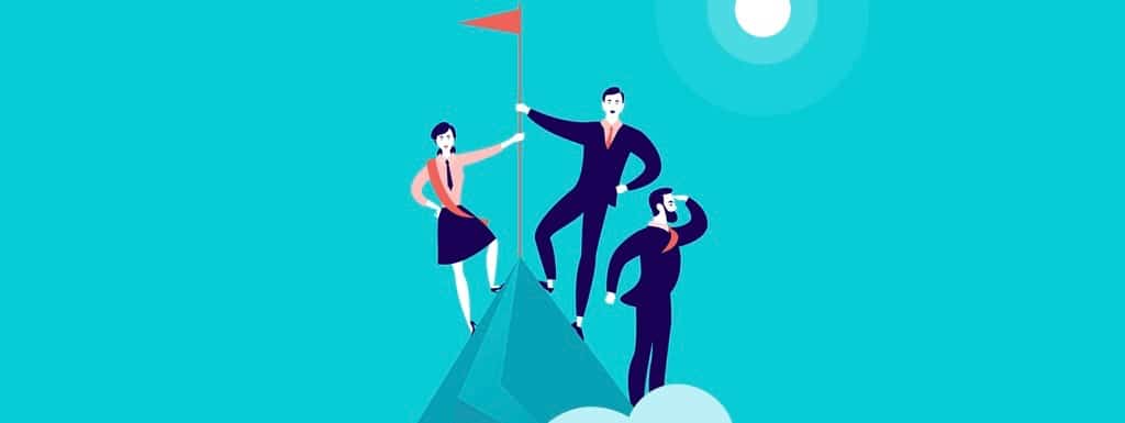 Vector flat illustration with business people standing on mountain peak top holding flag on blue clouded sky background. Victory, achievement, reaching aim, partnership, motivation, leader - metaphor. (Vector flat illustration with business people sta