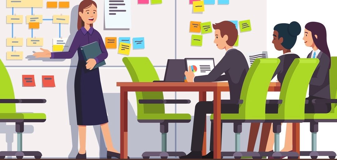 Business consultant showing planning board tasks to business seminar students people, pointing at scrum task board plan, sticky notes flowchart. Conference meeting room interior. Vector illustration