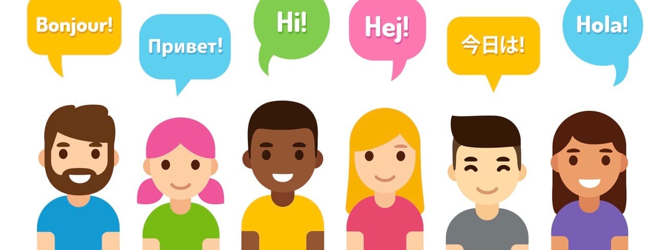 International group of people saying Hi in different languages. Diverse cartoon characters, flat vector style illustration. Learning, education and communication design element. (International group of people saying Hi in different languages. Diverse