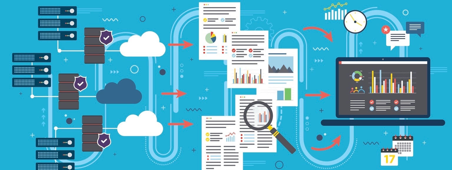 Laptop accessing data from cloud computers. Concepts big data analysis, data mining, cloud computing devices, data network and business intelligence. Flat vector illustration.