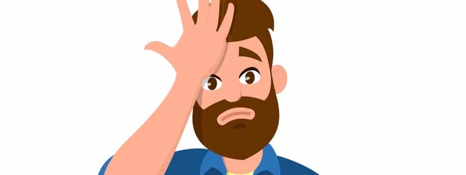 Young man surprised with hand on head for mistake, remember error. Forgot, bad memory. Emotion and body language concept in cartoon style vector illustration.