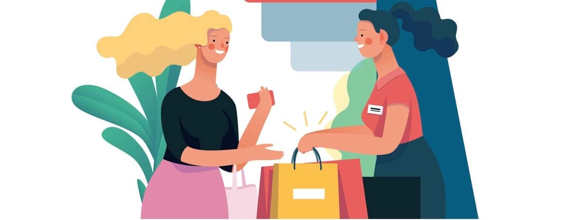 modern flat vector illustration concept of a customer and a shop assistant.