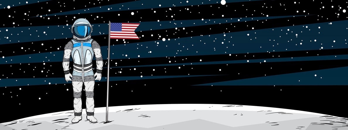 Astronaut with flag after on lunar surface with spacecraft on background