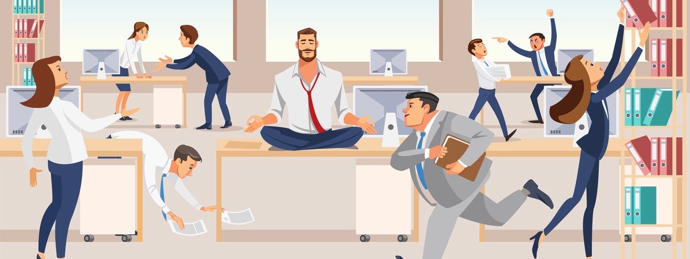 Practicing Yoga at Workplace Flat Vector Concept with Businessman or Company Employee Meditating, Sitting in Lotus Pose on Desk in Middle of Noisy Office with Busy and Hurrying Colleagues Illustration (Practicing Yoga at Workplace Flat Vector Concept