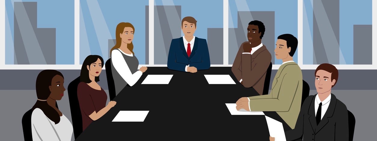 Boss and his team seating at meeting table. Vector illustration.