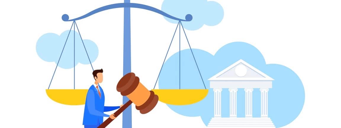 Lawyer, Legal Advisor Holding Gavel Flat Character. Cartoon Attorney with Law Symbols. Human Rights Defense Vector Illustration. Trial Procedure, Justice, Punishment. Huge Scales, Legal Book (Lawyer, Legal Advisor Holding Gavel Flat Character. Cartoon