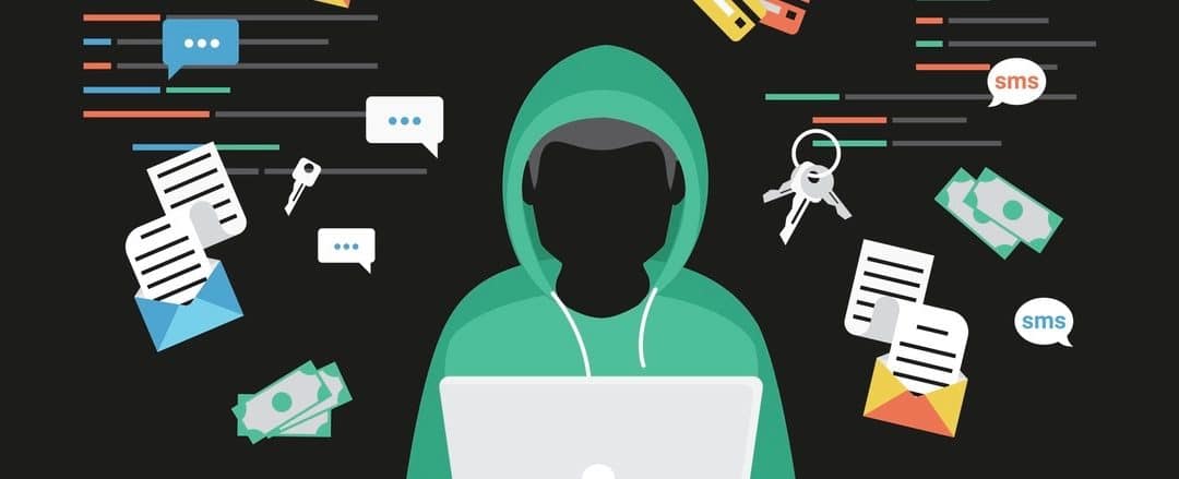 Faceless thief or hacker stealing login password, money, email, privat messages and credit cards using virus. Flat criminal illustration of hacker coding bug to hack data. Internet security of thief