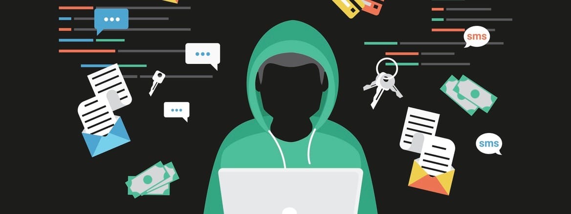 Faceless thief or hacker stealing login password, money, email, privat messages and credit cards using virus. Flat criminal illustration of hacker coding bug to hack data. Internet security of thief