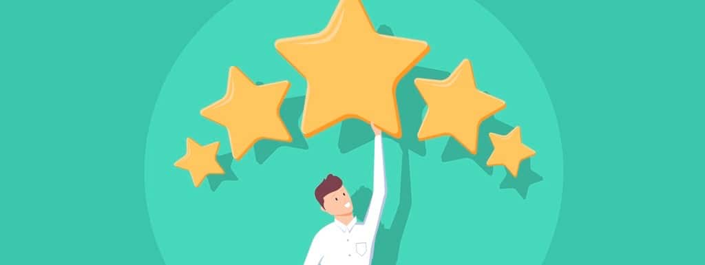 Businessman holding five gold stars for rating, quality and business concept. Vector, illustration, flat style. Client's Review, Customer Feedback or Satisfaction Level concept for Website (Businessman holding five gold stars for rating, quality and b