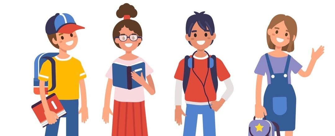 School kids standing together. Flat cartoon style vector illustration isolated on white background.