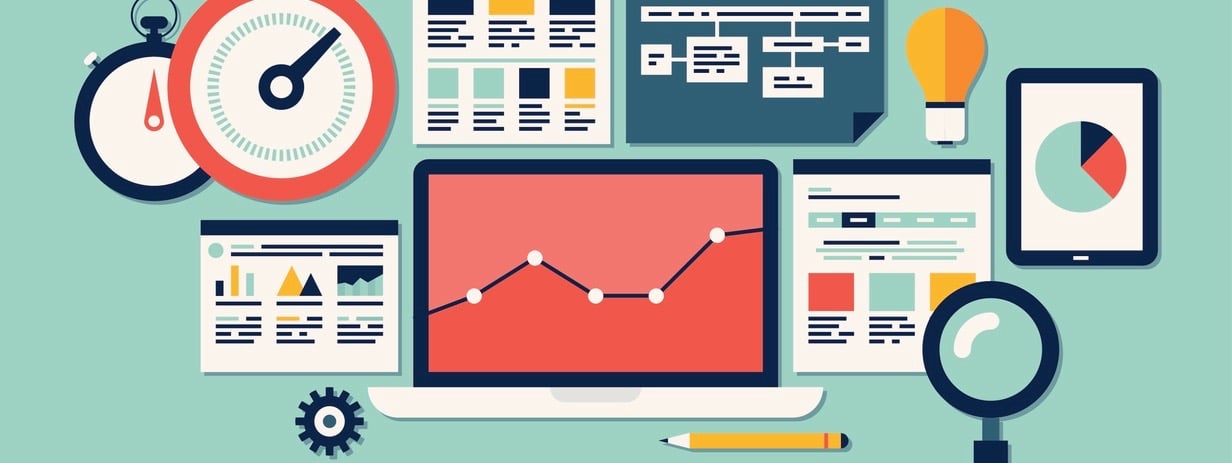 Flat design vector illustration icons set of website SEO optimization, programming process and web analytics elements. Isolated on turquoise background