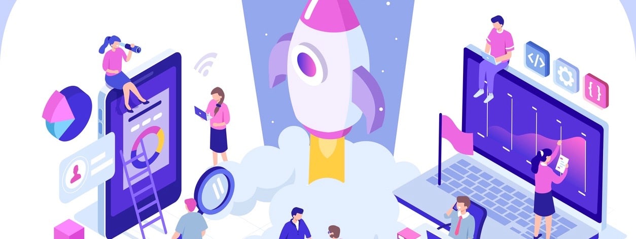 Startup concept with rocket launch. Can use for web banner, infographics, hero images. Flat isometric vector illustration isolated on white background. (Startup concept with rocket launch. Can use for web banner, infographics, hero images. Flat isomet