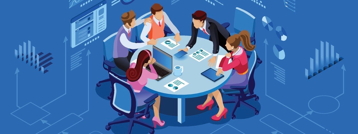 Isometric people team contemporary management concept. Can use for web banner, infographics, hero images. Flat isometric vector illustration isolated on blue background.√Ç