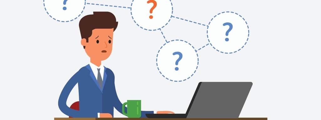 Concept of question. Thinking business man sitting under question marks. Flat design, vector illustration.