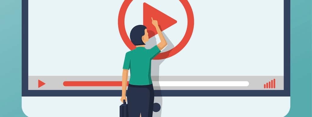 Video tutorial concept. Businesswoman presses play button. Vector illustration flat design. Isolated on background. E-learning, video stream. Social media. (Video tutorial concept. Businesswoman presses play button. Vector illustration flat design. Is