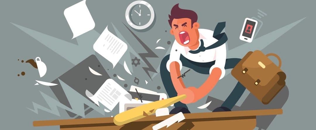 Angry and exasperated employee. Office worker smashing a table bat. Vector illustration
