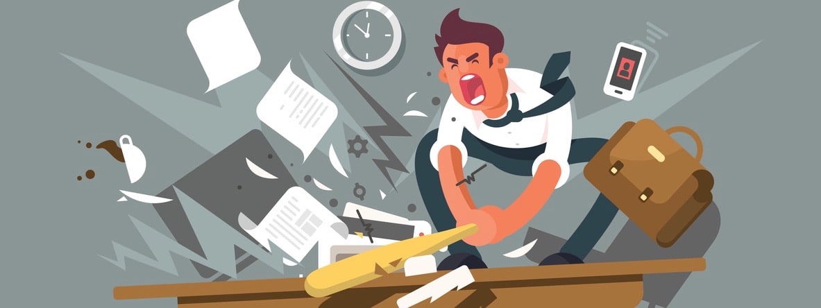 Angry and exasperated employee. Office worker smashing a table bat. Vector illustration