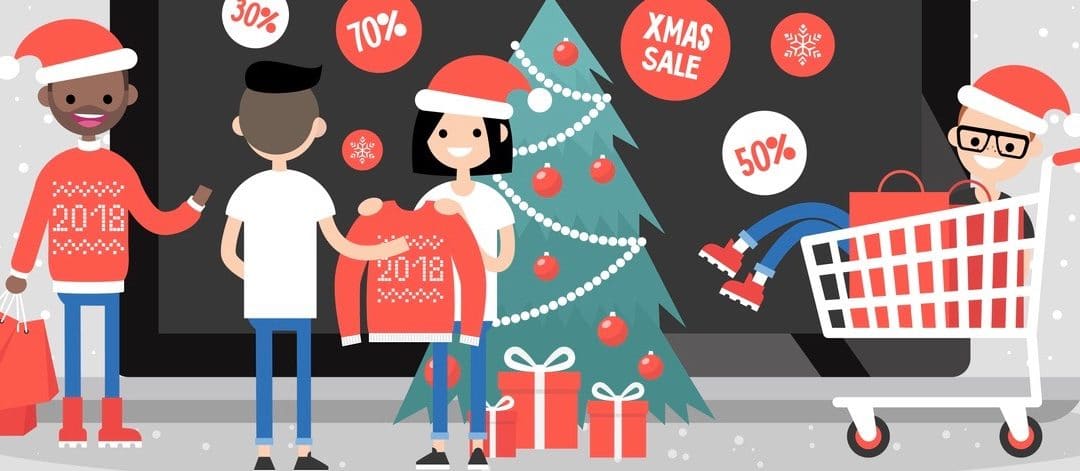 Online christmas sale. A group of millennials buying gifts online. Shopping. Internet. Concept. Flat vector illustration, clip art (Online christmas sale. A group of millennials buying gifts online. Shopping. Internet. Concept. Flat vector illustratio