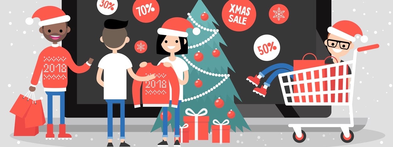 Online christmas sale. A group of millennials buying gifts online. Shopping. Internet. Concept. Flat vector illustration, clip art (Online christmas sale. A group of millennials buying gifts online. Shopping. Internet. Concept. Flat vector illustratio