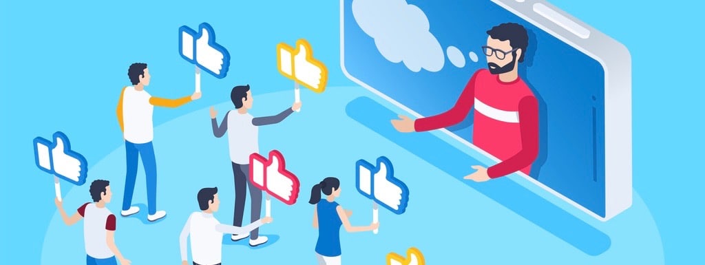 isometric vector image on a blue background, a man in a smartphone and his followers with likes, high popularity in social networks