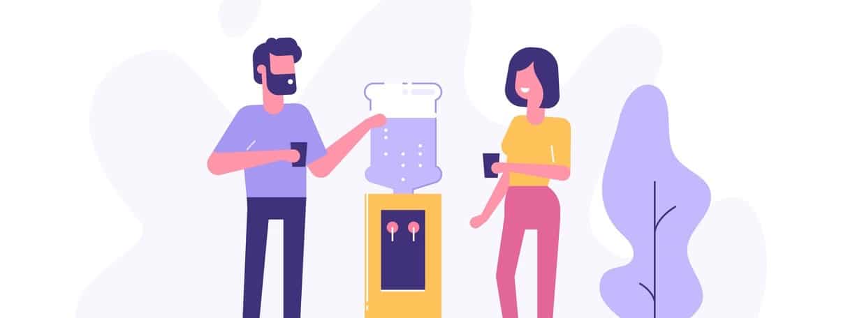 Office cooler chat. Vector flat character design on man and woman talking to each other near office water cooler.