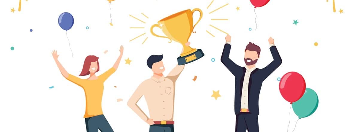 Win achievement. Happy company employee awarding a trophy prize to their leader. Business vector illustration. Business company party advertising with corporate members. Office manager staff teamwork (Win achievement. Happy company employee awarding a