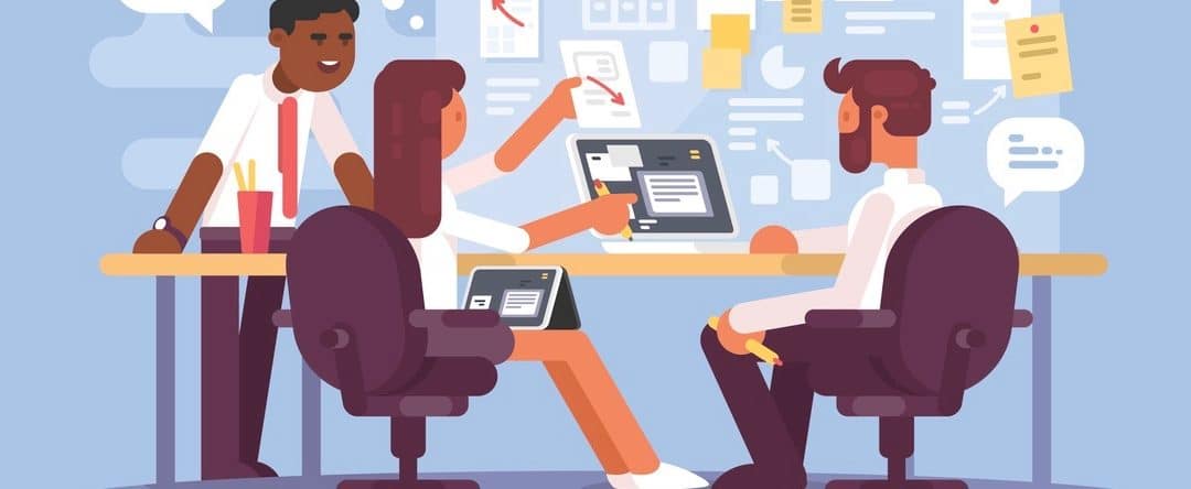 Work schedule, working environment. Successful team in office. Vector illustration