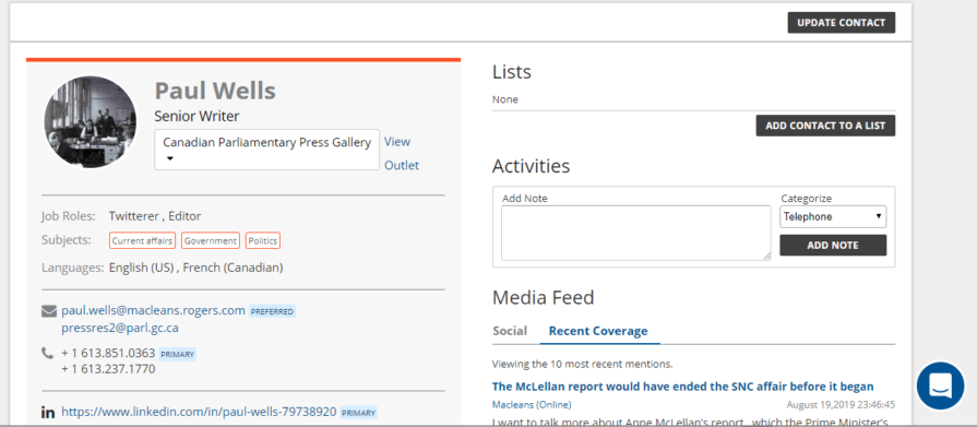 Recent Coverage on Contact Profile