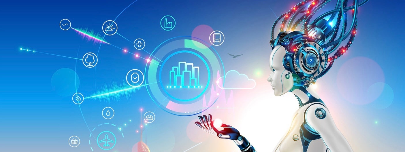 Artificial intelligence controls smart city via internet and hud interface with icons urban infrastructure. iot technology in information and communication technologies. Robot or cyborg woman with AI (Artificial intelligence controls smart city via in