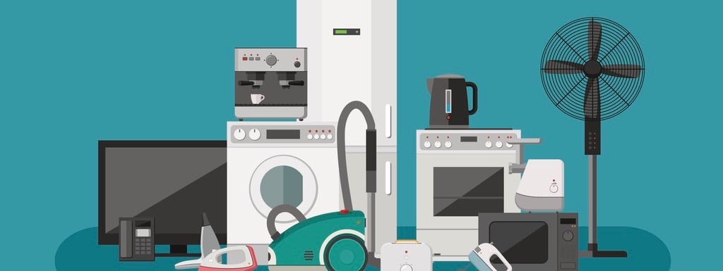 Household appliance banner with vector flat icons microwave, coffee machine, washing machine, etc.