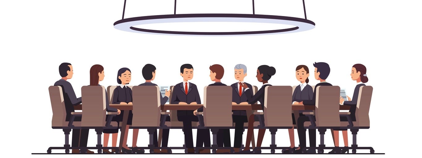 Politicians or corporate officers group authority people talks sitting at round table. Big war room. Negotiations conversation conference hall, boardroom or meeting room. Flat vector illustration