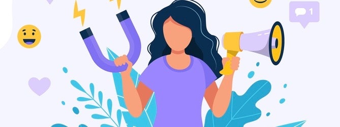 Influencer marketing landing page with woman holding megaphone and magnet in the social profile frame. Different social media icons. Vector illustration in flat style