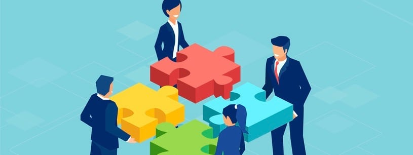 Teamwork concept banner. Isometric vector of business people solving a problem in team isolated on blue background.