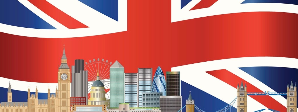 London City Skyline with UK Union Jack Flag Background Vector Illustration