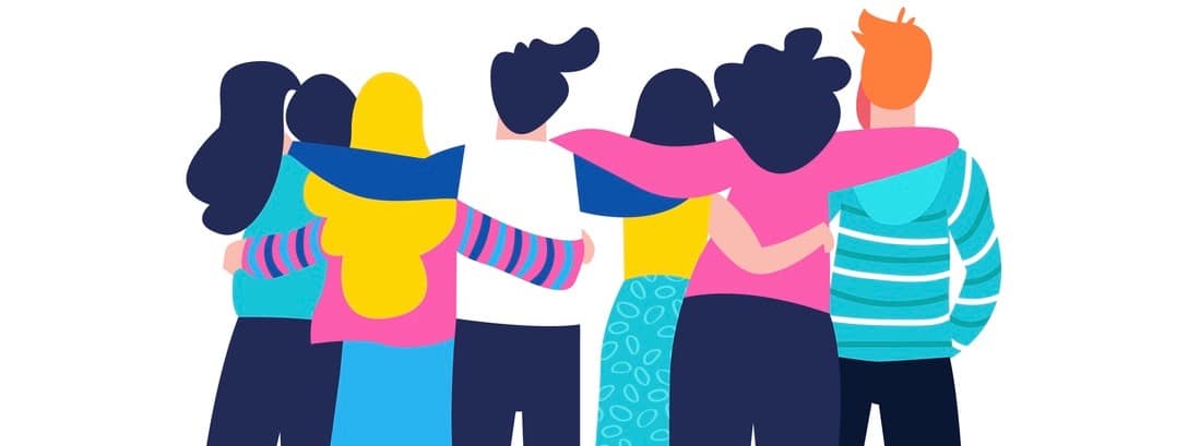 Diverse friend group of people hugging together for special event celebration. Girls and boys team hug on isolated background with copy space. EPS10 vector. (Diverse friend group of people hugging together for special event celebration. Girls and boys