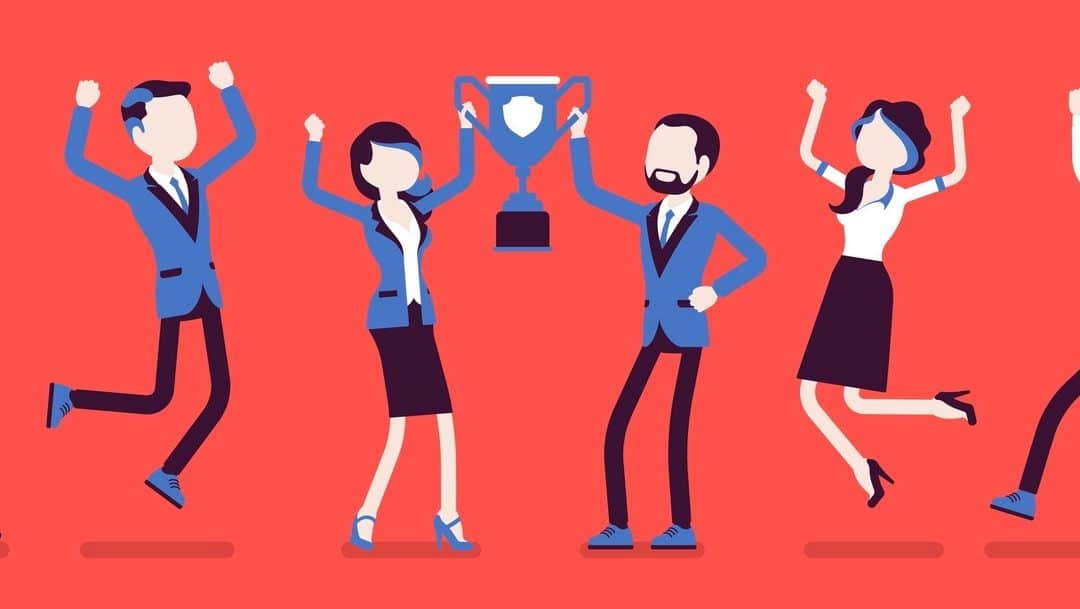 Winner team with business trophy. Happy employees winning on training and coaching competition, corporate championship victory. Vector illustration with faceless characters (Winner team with business trophy. Happy employees winning on training and coa
