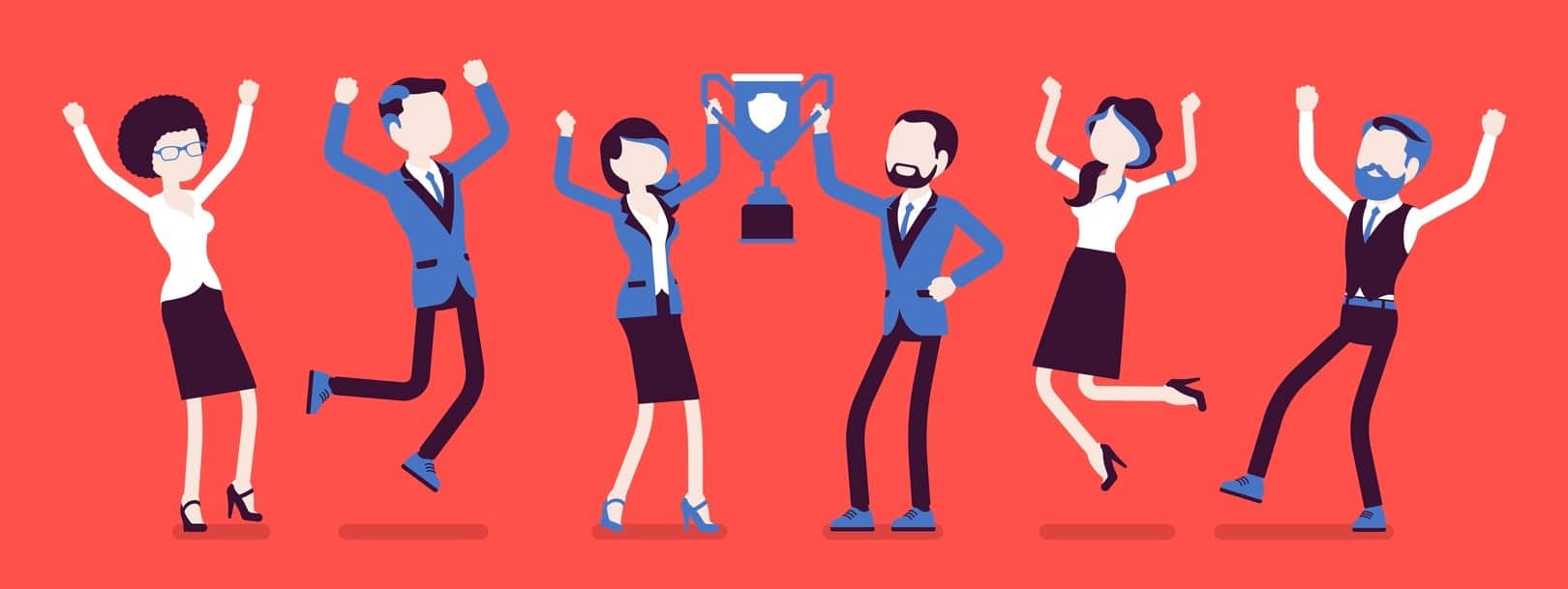 Winner team with business trophy. Happy employees winning on training and coaching competition, corporate championship victory. Vector illustration with faceless characters (Winner team with business trophy. Happy employees winning on training and coa