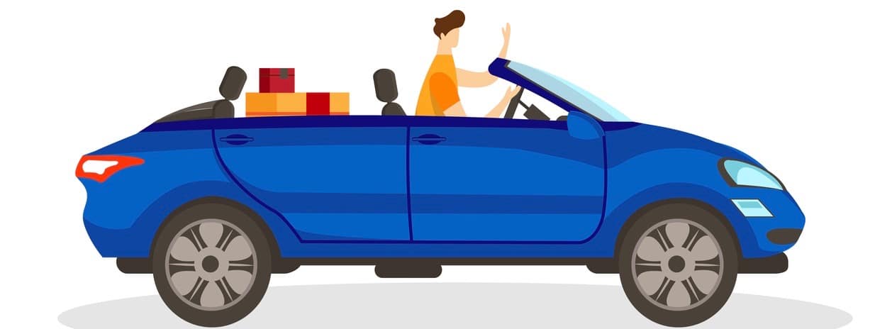 Young Male Character Driving Blue Convertible Car with Boxes on Back Seat Isolated on White Background. Happy Owner. Man Sitting Relaxed in Newly Bought Auto Cartoon Flat Vector Illustration. Clip Art (Young Male Character Driving Blue Convertible Car