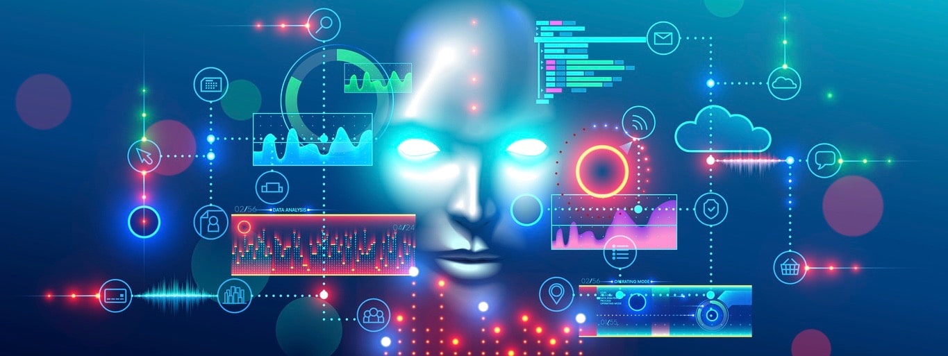 Artificial intelligence abstract concept banner. Digital mind analyzes data information. AI connection with neural network, solves business tasks. Cyber face looking at hud graphic interface. (Artificial intelligence abstract concept banner. Digital m
