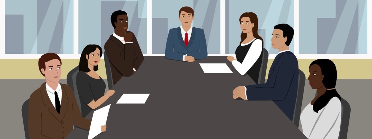 Businessman and his employees seating at meeting table. Vector illustration.