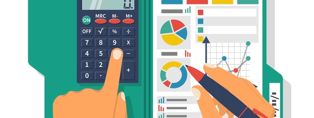 Financial accounting concept. Organization process, analytics, research, planning, report, market analysis. Flat style vector. Businessman holding pen, clipboard financial tables, graphs. (Financial accounting concept. Organization process, analytics,