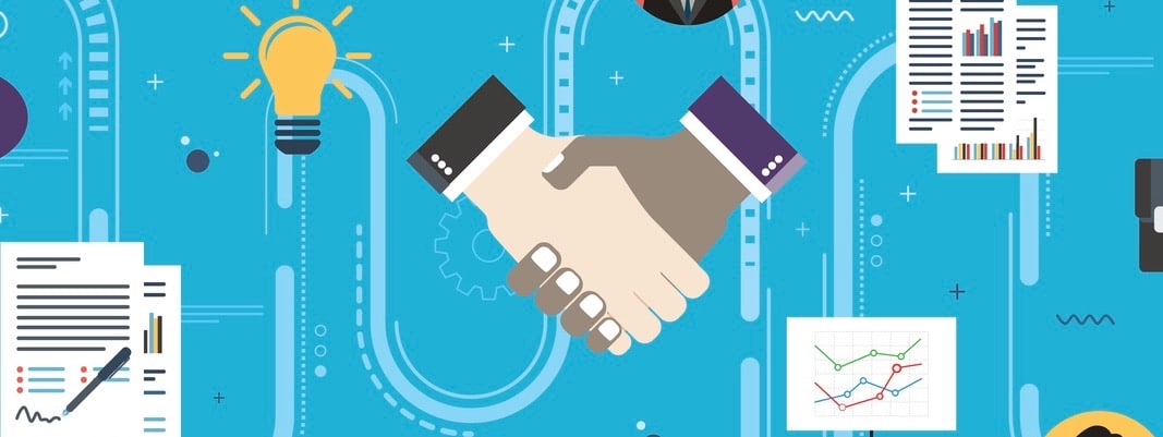 Cooperation strategy and handshake in contract agreement signature. Negotiation, teamwork and collaboration in business .Internet website banner concept with icons in flat design vector illustration.