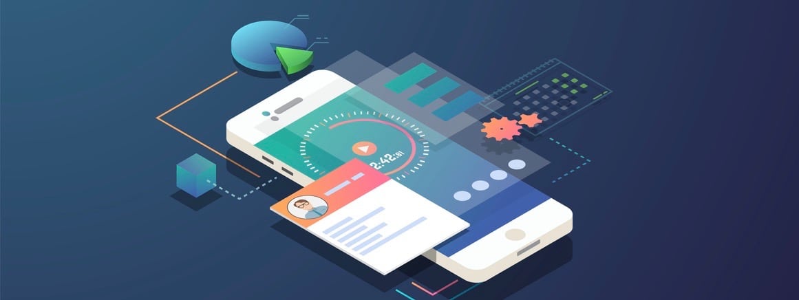 Mobile time management concept. Isometric mobile phone with futuristic UI and layers of applications and stopwatch. App on mobile phone for time organization. UI and software schedule app. (Mobile time management concept. Isometric mobile phone with