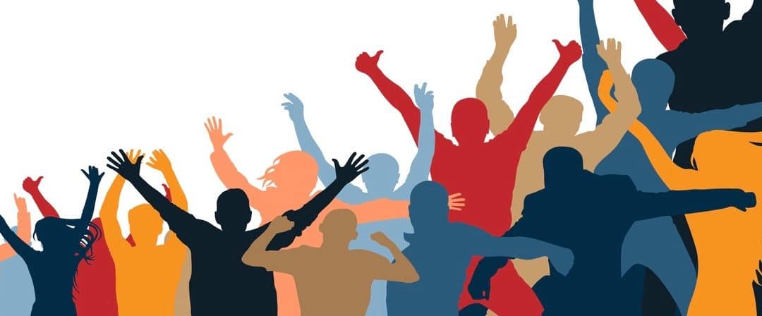Crowd of cheerful people. Isolated, separate from each other. Hands up. Group of people. Increasing, inclined, under the slope (Crowd of cheerful people. Isolated, separate from each other. Hands up. Group of people. Increasing, inclined, under the sl