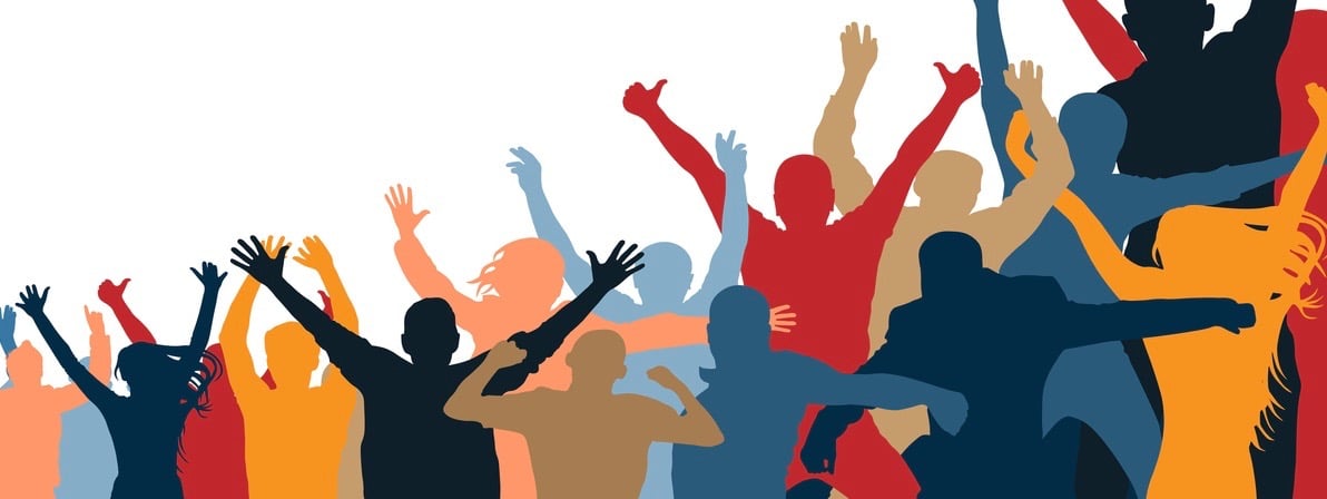 Crowd of cheerful people. Isolated, separate from each other. Hands up. Group of people. Increasing, inclined, under the slope (Crowd of cheerful people. Isolated, separate from each other. Hands up. Group of people. Increasing, inclined, under the sl