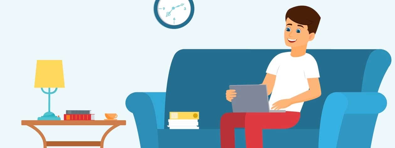 Man on a sofa with leptop. Vector illustration.