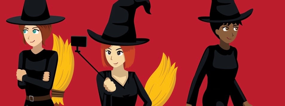 Manga Modern Witches Woman with Broomstick Cartoon Poses Cartoon Vector Illustration