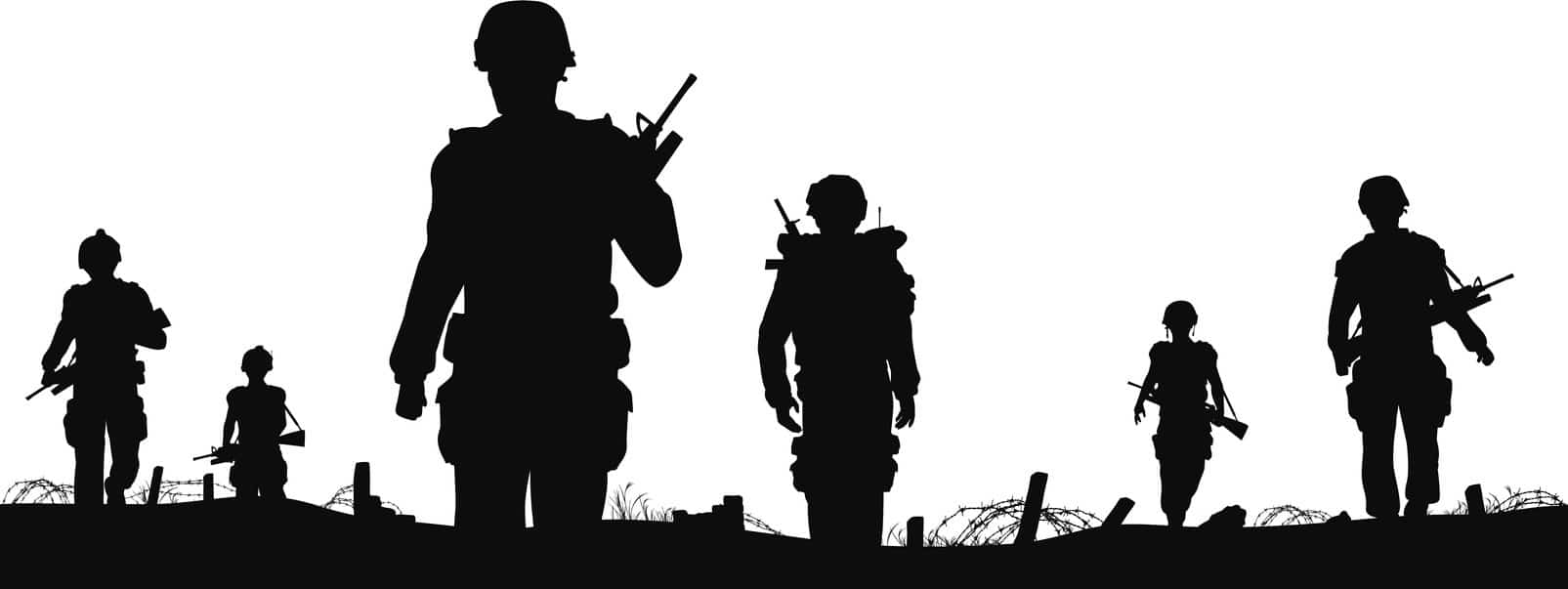 Editable vector foreground of silhouettes of walking soldiers on patrol with figures as separate elements