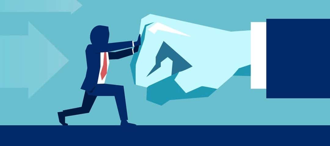Vector of a businessman resisting pressure from big boss. Man fighting with big hand fist