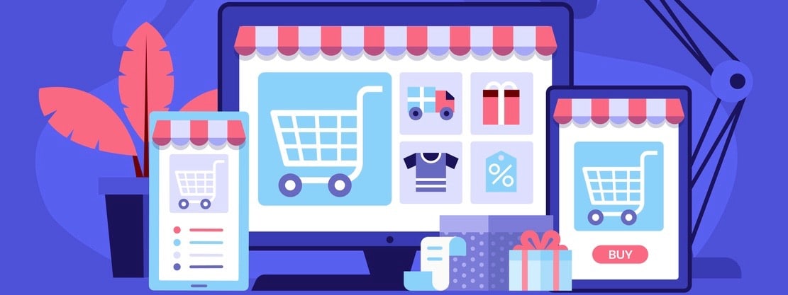 Internet shopping concept with device screens. Online digital store application banner in flat design. E-commerce advertising illustration with shopping cart and goods. Order online background. (Internet shopping concept with device screens. Online di